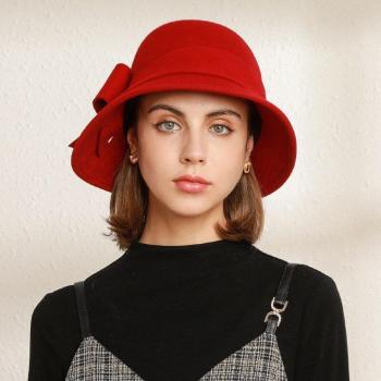 Chapeau Fedora en laine pour fille, rouge et noir, avec nœud, style vintage britannique, hiver, RM7