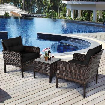 Garden Black Rattan 3-Piece Furniture Set for Patio