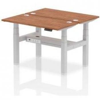 Back-to-Back Sit-Stand Workstation with Air Configuration, Size 1200 x 600mm, Walnut Finish, Silver Frame, With Cable Ports
