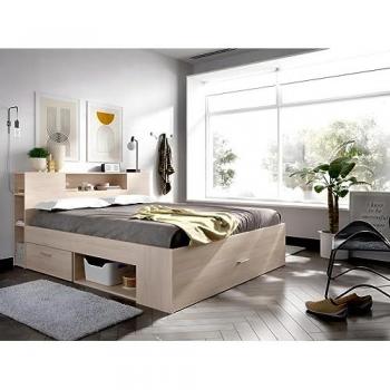 Letto matrimoniale con testata a vetrina e cassetti – 140x190 cm – Legno chiaro + rete Leandre
