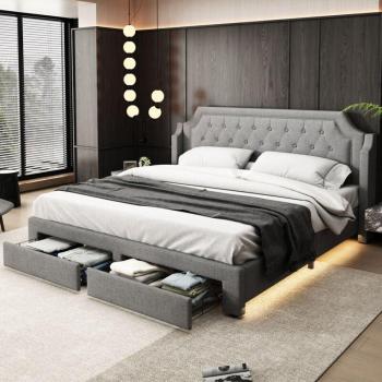 Redom Letto Imbottito 180200 – Rete a Doghe, Testiera, 2 Cassetti, LED