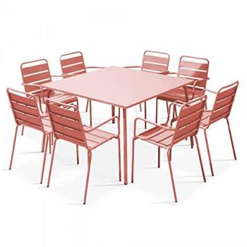 Table de terrasse carrée et 8 sièges en métal argile