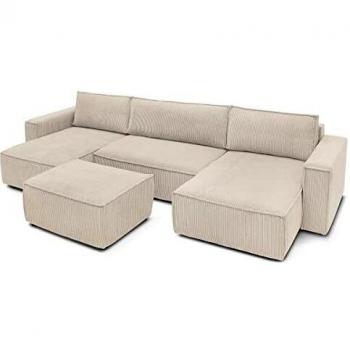 Canapé panoramique convertible beige en velours côtelé avec pouf assorti, BOBOCHIC Paris