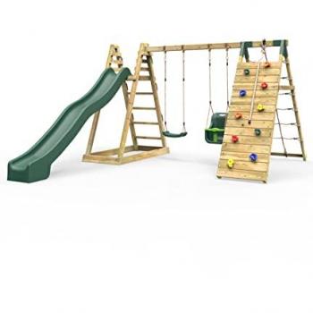 Rebo® Wooden Pyramid Climbing Frame with Swings and 8.7ft Water Slide