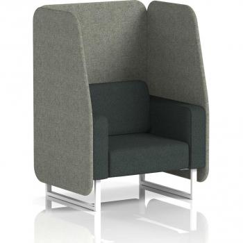 Brixworth Minimalist Office Booth (1 Seat) – White Leg Frame, Rivet Patterned Fabric, Charcoal Upholstery, Glass Dividers