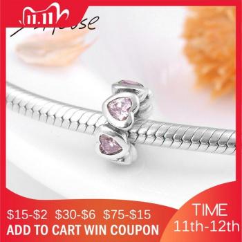 Dazzling Heart Spacer Beads 925 Silver Pink CZ for Charm Bracelet DIY