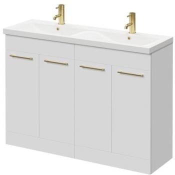 Napoli 1200mm Gloss White Floor Standing Vanity Unit with Ceramic Double Basin and Brushed Brass Handles