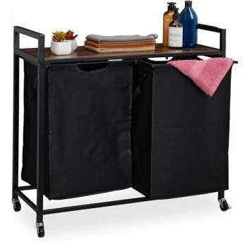 Mueble para Ropa Sucia con 2 Cestos Extraíbles y Ruedas, Estantería de Diseño Industrial en Negro y Marrón
