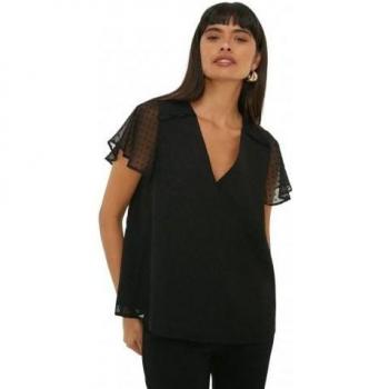 Dorothy Perkins Damen Dobby‑Chiffon‑Tops mit Engelsärmeln – UK 10, Schwarz
