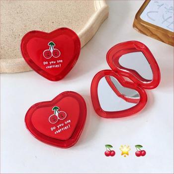 Mini Heart-Shaped Cosmetic Mirror with Red Cherry Print