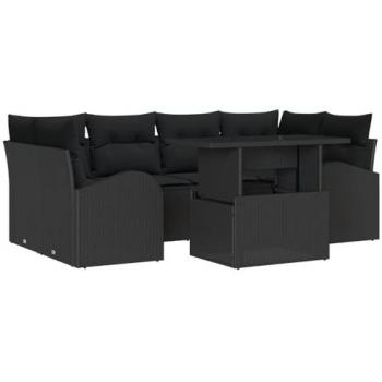 Divano da giardino 7 pezzi con cuscini in polirattan nero