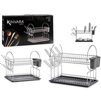 Escurridor de Platos de Cocina en Plástico Ratán 2 Niveles Ahorro de Espacio 43 x 25 x 27 cm