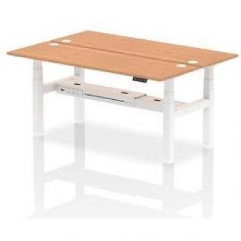 Dynamic Air Back-to-Back Workstation 1800 x 600mm Height Adjustable Sit-Stand 2 Person Bench Desk with Cable Ports and Ergonomic Design in Oak Finish and White Frame