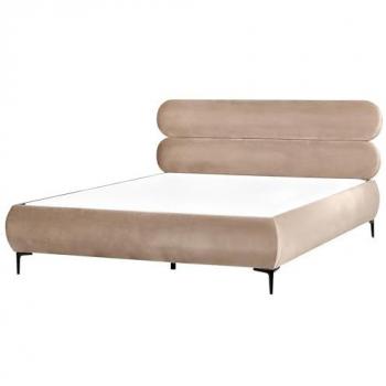 BELIANI Classic Minimalist Eu Super King Velvet Bed Frame (Wingback) 6 ft, Black Metal Legs – Taupe Lessay