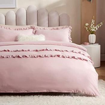 Soft Pink Serenity Double Duvet Kit – Microfiber Ruffle Quilt with 2 Pillowcases