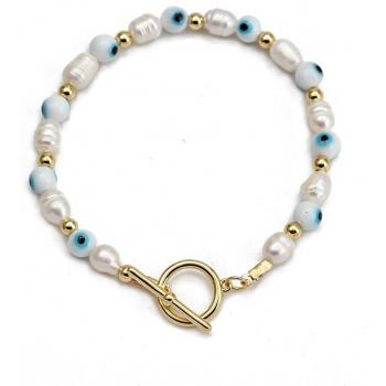 Brazalete de ojo malvado azul con perlas naturales de agua dulce