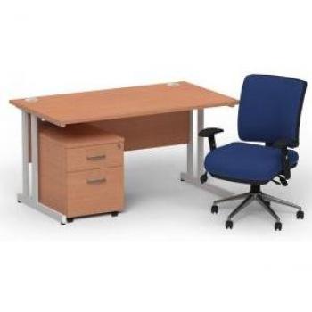Impulse 1400mm Cantilever Workstation – Beech Tabletop, Silver Frame, Dual Mobile Pedestals, Blue Operator Chair
