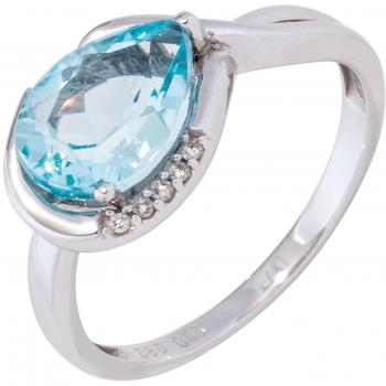 JOBO Damenring 585 Gold Weißgold 1 Blautopas blau 5 Diamanten Brillanten Größe 54