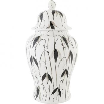 Potiche Décorative en Porcelaine Noir et Blanc avec Feuille (22 x 22 x 42 cm)