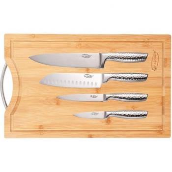 San Ignacio: 4 cuchillos de cocina de acero inoxidable + tabla de cortar de bambú (40 x 25 cm)