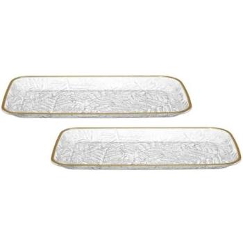 Paire de Plats de Service en Plastique Transparent avec Design Feuilles et Contour Doré (L34 cm)