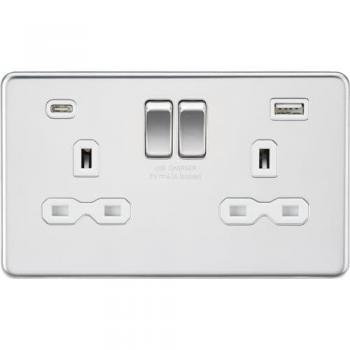 KnightsBridge 13A 2G SP No‑Screw Dual USB A/C Socket – Glossy Chrome, White Core