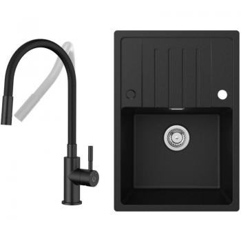 Fregadero Negro Antracita 65x45cm con Grifo Alto y Escurridor