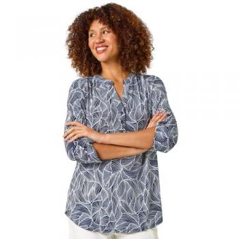 Roman Women's Textured Leaf Print V-Neck Stretch Shirt – Navy, 10