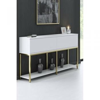 Credenza Raffinata Altair, Buffet da soggiorno, Madia da salotto, Dispensa da cucina, 150x30h80 cm, Bianco e Oro