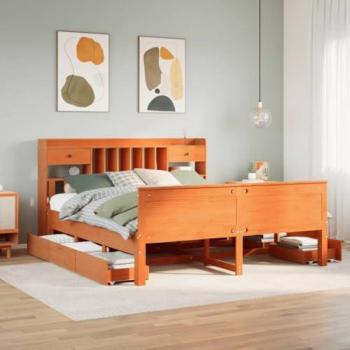 Solid Pine Bookcase Bed – 180x200 cm – Wax Brown – Super King Edition