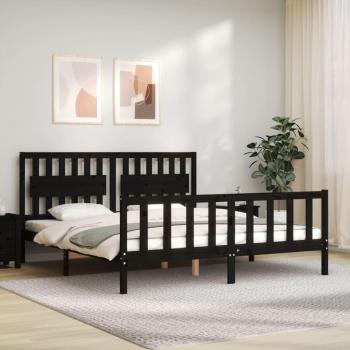 Letto Super King Size con Testiera in Legno Massello Nero