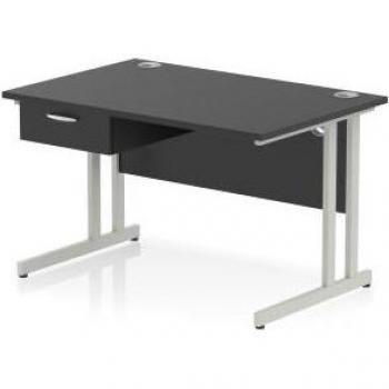 Impulse 1200/800 Office Table – Matte Black Top, Silver Cantilever Legs, One Drawer, Stable Pedestal
