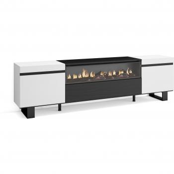 Meuble TV Banc Télé 200x57x35 cm – cheminée électrique – style moderne – blanc et noir