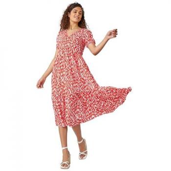 Red Abstract Frill Hem Midi Dress by Roman
