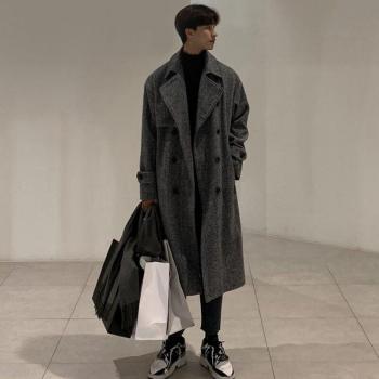 2022 Men’s Loose-Fitting Woolen Jacket in Black, Korean Version, Medium Length, Over Knee Design