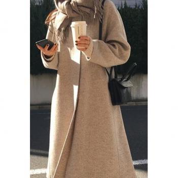 Manteau Femme à Manches Longues – Laine Fine, Col Rabattu, Ceinture Accentuée