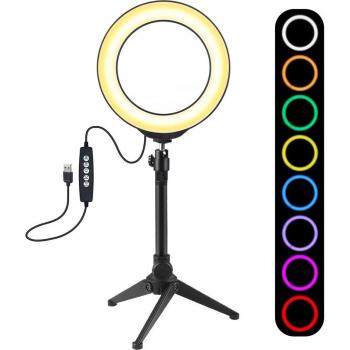Lumière Vlog LED Anneau 6,2 pouces 160mm 10 Modes 8 Couleurs RGBW + Trépied