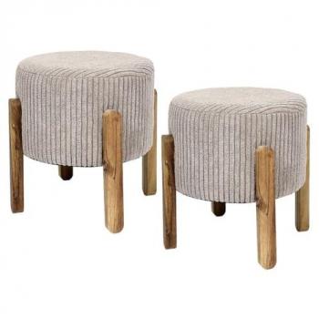 AMORY Tabouret double, velours côtelé taupe, pieds en acacia