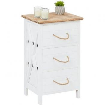 Chevet rustique : Table IDIMEX 3 tiroirs, finition blanche, dimensions 26x55x32 cm