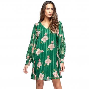 Vestido Niza Escote Pico con Estampado de Peonías en Raya de Satén