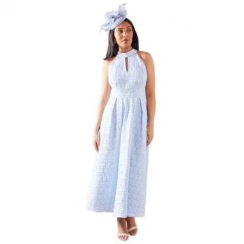 Blue Petite Floral Jacquard Halterneck Midi Dress