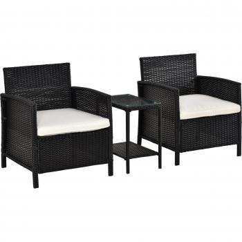 Outsunny Rattan Garden Furniture Outdoor 3 Pieces Patio Bistro Set Jack And Jill Seat Wicker Weave Conservatory Sofa Chair Table Set with Cushion Black