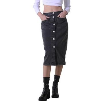 Black Denim Midi Skirt with Front Buttons – Enorsia, Size 12