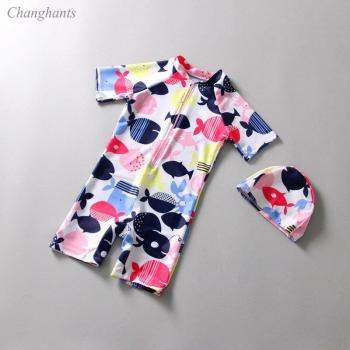 Children's One-Piece Swimsuit with Swimming Cap, Short Sleeve, Fish Pattern, Ages 1-7