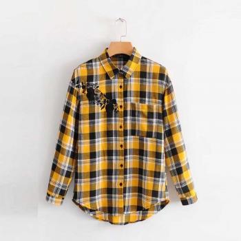 Camisa a cuadros de manga larga para mujer con cuello tipo polo