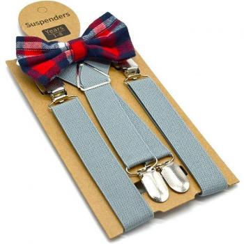 Tirantes de piel con pajarita para niños, 65 cm, color azul, rojo y gris