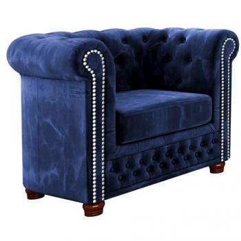 S‑Style Lothar Chesterfield Sessel – Blaues Samt, Holzfußsystem