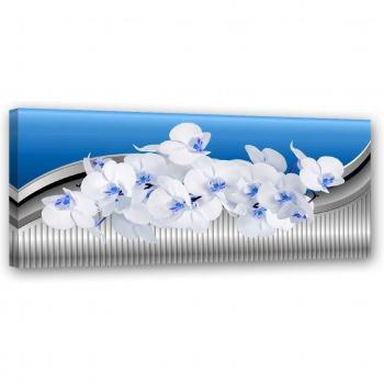 Lienzo Artístico, Orquídea Blanca con Fondo Azul 90x30