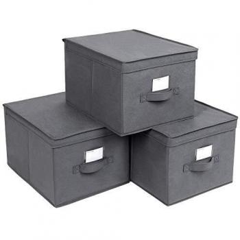 Grey Lidded Fabric Storage Basket Trio