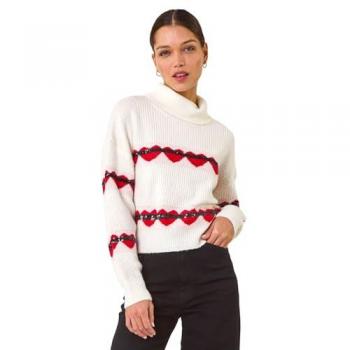 Striped Heart Cowl Neck Knitted Top